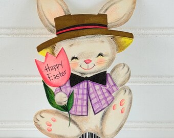 Vintage Easter Card - Hopping White Flocked Bunny Rabbit - Used ...