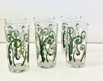 6 Vintage Tumblers Green Ferns Juice Glasses