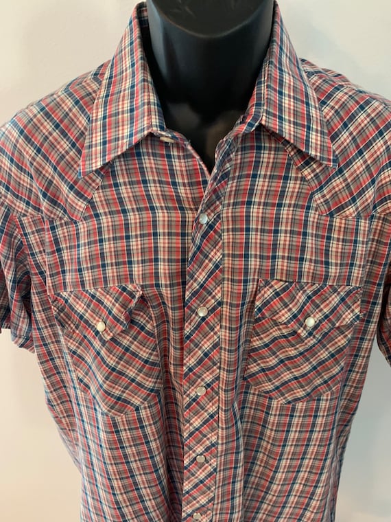 70'S JCPenney short sleeve poly box shirt, men's size L, vintage polyester navy blue type Vintage Second Hand