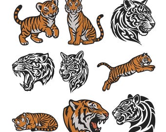 Conjunto de 9 desenhos de bordado à máquina com rosto de tigre tribal, bordado de animais para download instantâneo.