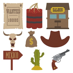 Puede incluir: Colección de ilustraciones con temática del Oeste sobre fondo blanco. Incluye un cartel de "Se busca", dinamita, un saloon, una calavera, una bolsa de dinero, un sombrero de vaquero, un letrero de "México", un cactus y un revólver.