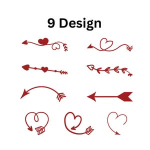 Puede incluir: Nueve diseños de flechas rojas con corazones y elementos decorativos se muestran sobre un fondo blanco. El texto "9 Design" está en la parte superior. Las flechas varían en estilo, incluyendo diseños rectos, curvos y en forma de corazón.
