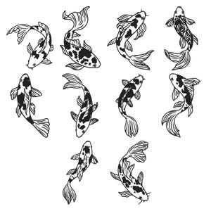 May include: A collection of ten black and white line art illustrations of koi fish in various swimming positions. Each fish features distinct spotted patterns on its body, detailed fins, and flowing tails, presented as individual graphic elements.
