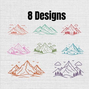 May include: A digital graphic set titled 8 Designs featuring eight distinct line art illustrations of mountain ranges. Each mountain scene includes stylized trees, birds, and clouds rendered in various colors including red, green, pink, blue, and purple.