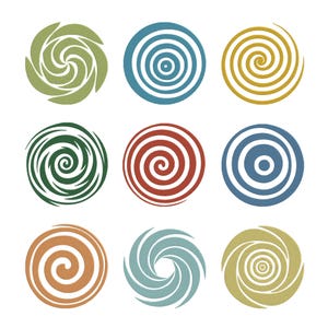 Puede incluir: Nueve diseños circulares con patrones en espiral y concéntricos en varios colores, incluyendo verde, azul, rojo y dorado. Los diseños tienen una apariencia texturizada y están dispuestos sobre un fondo blanco. Adecuado para diseño gráfico o fines decorativos.