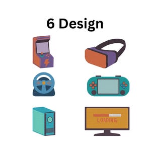 Könnte beinhalten: Illustration mit sechs Designs zum Thema Gaming. Enthält einen Retro-Spielautomaten, ein VR-Headset, ein Lenkrad, eine Handheld-Konsole, einen Computerturm und einen Computermonitor mit dem Text "LOADING".
