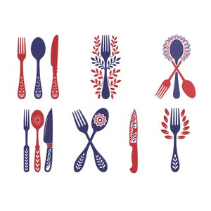 Könnte beinhalten: Stilisierte Illustrationen von Besteck in Rot und Blau. Die Designs umfassen Gabeln, Löffel und Messer mit floralen und Blattmustern. Die Anordnung zeigt gekreuzte Utensilien und dekorative Anordnungen, alles vor einem weißen Hintergrund.