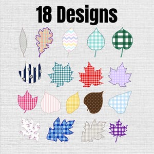 Puede incluir: Una colección de 18 diseños gráficos con forma de hoja dispuestos en cuatro filas. Las hojas presentan varios patrones que incluyen cuadros, vichy, rayas, lunares y chevron en colores como rojo, azul, verde, amarillo, morado y marrón.