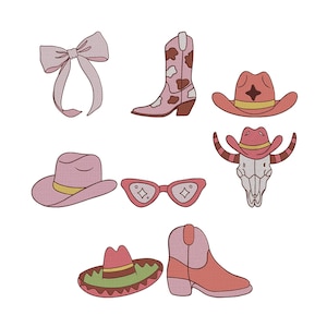 Puede incluir: Ilustraciones con temática del oeste, que incluyen un lazo rosa, botas de vaquero, sombreros, gafas de sol y una calavera de toro con sombrero. La paleta de colores presenta tonos de rosa, marrón y amarillo, creando una estética vintage.