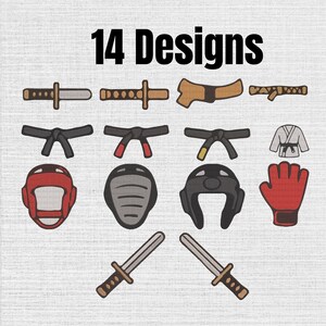 May include: A collection of 14 embroidery designs featuring martial arts equipment including swords, black belts, a white uniform, a red headgear, a chest protector, a black headgear, and a red glove, all displayed on a light gray textured background.