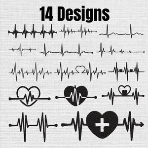 May include: A collection of 14 black graphic designs featuring various electrocardiogram heartbeat lines. Some designs incorporate heart shapes, while one includes a medical cross symbol. The text 14 Designs is displayed at the top.