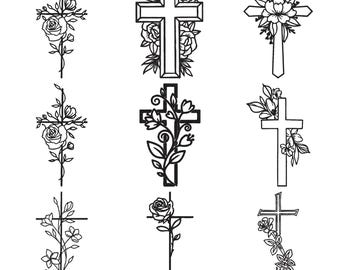Conjunto de 9 desenhos de bordado à máquina com contorno de cruz floral, bordado religioso para download instantâneo.