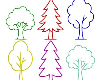 Pacote de desenhos de bordado de contorno simples de árvore, arquivo de bordado à máquina de planta florestal, download instantâneo, 9 tamanhos.