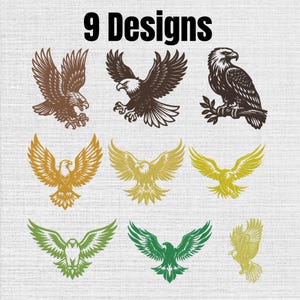 Puede incluir: Una colección digital de 9 Designs que presenta ilustraciones de águilas en varias poses y colores. La fila superior muestra tres águilas de color marrón oscuro, la fila central muestra tres águilas doradas y la fila inferior incluye dos águilas verdes y una amarilla.