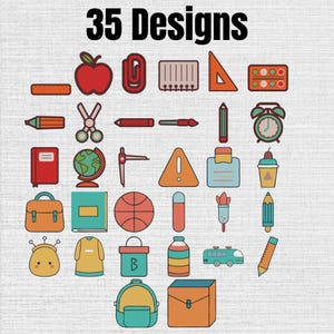 May include: A collection of 35 designs featuring colorful school and office supply icons, including an apple, scissors, pencils, a globe, a basketball, a backpack, a bus, and various stationery items arranged in a grid on a textured white background.