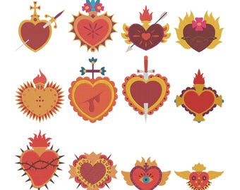 Conjunto de 12 desenhos de bordado à máquina do Sagrado Coração, bordado religioso para tatuagem, download instantâneo.