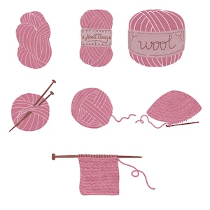 Peut inclure: Illustration de fil rose sous diverses formes : une pile lâche, une pelote emballée avec une étiquette "Knitting", une boule avec une étiquette "wool", une boule avec des aiguilles, une boule avec un brin, une pièce tricotée et une pièce en cours. L'image présente le tricot et les métiers à tisser.