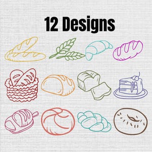 Op de afbeelding: Een digitale afbeelding met de tekst 12 Designs bovenaan, gevolgd door twaalf individuele lijntekeningen van diverse bakproducten, waaronder baguettes, korenaren, croissants, broden, een stuk taart en bagels in verschillende kleuren.