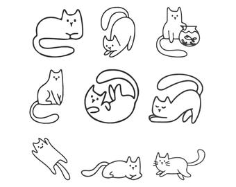 Pacote de desenhos de bordado com contorno de gato, arquivo de bordado à máquina minimalista com arte em linha de gato, download instantâneo em 5 tamanhos.