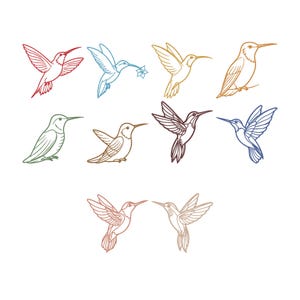 May include: A collection of ten hummingbird illustrations in various colors, including red, blue, gold, green, brown, and purple. The hummingbirds are depicted in different poses, some in flight and others perched.