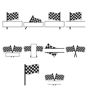 May include: A collection of eleven black and white graphic designs featuring checkered racing flags. The set includes various arrangements of flags paired with rectangular frames, horizontal lines, and crossed flag motifs for customization.