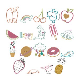 May include: A collection of whimsical, colorful illustrations on a white background. The images include a cat, rainbow, cherries, mouse, apple, watermelon, the word "HAPPY", a kangaroo, popsicle, and a UFO.