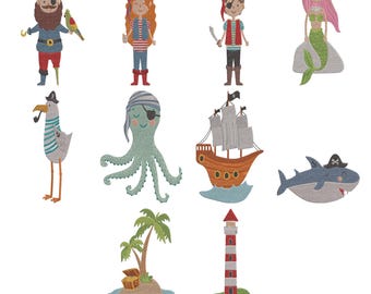 Nautische Kinder Stickdatei, Piraten Stickdatei, Stickdatei, Ocean Theme Stickerei, Instant Download, 5 Größen