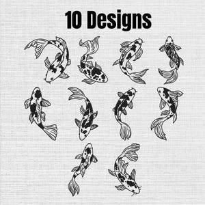 May include: A collection of 10 black and white line art illustrations of koi fish in various swimming positions. Each fish features distinct spotted patterns and flowing fins, arranged in a grid on a light gray textured background with the text 10 Designs.