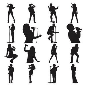 May include: A collection of sixteen black silhouettes depicting various performers in musical poses. The figures include individuals singing into microphones, playing guitars, and standing in dynamic stances, all presented against a plain white background.