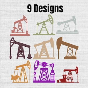 May include: A digital graphic featuring the text 9 Designs above nine distinct illustrations of oil pump jacks in various colors including red, green, light gray, dark purple, tan, brown, orange, purple, and dark red on a white textured background.