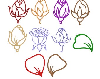 Conjunto de 10 desenhos para bordado à máquina com contorno de botão de rosa, bordado de flor para download instantâneo.