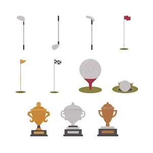 May include: A collection of golf-themed illustrations. The image features golf clubs, flags, golf balls on tees and in holes, and trophies. The color palette includes shades of green, white, red, gold, and silver, creating a sporty and celebratory theme.