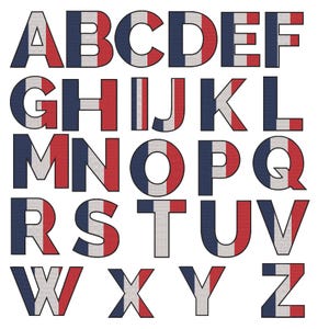 May include: A complete set of uppercase English alphabet letters from A to Z. Each letter features a vertical tricolor pattern consisting of blue, white, and red stripes, designed with a clean, bold, and block-style font for clear visibility.