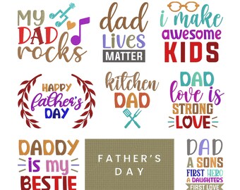 Conjunto de 9 designs de bordado à máquina com frases para o pai, download instantâneo.