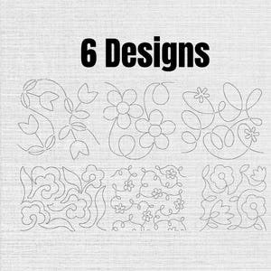 May include: A digital graphic featuring the text 6 Designs in black bold font above six distinct black line art floral patterns. The designs include various arrangements of tulips, daisies, swirling vines, and abstract leaf shapes on a light background.