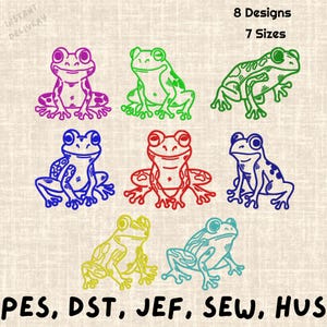 May include: A digital embroidery design set featuring eight distinct frog illustrations in purple, green, blue, red, yellow, and teal. The text "8 Designs", "7 Sizes", "INSTANT DELIVERY", and file formats "PES, DST, JEF, SEW, HUS" are visible.