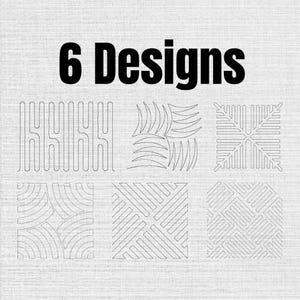 Peut inclure: Un graphique numérique présentant le texte 6 Designs en lettres noires grasses au-dessus de six motifs carrés distincts. Les motifs incluent des lignes verticales, des segments courbes, un motif de feuilles croisées, des arcs concentriques, des rayures diagonales et une grille tissée.