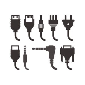 May include: A collection of black silhouette illustrations of various electronic connectors, including USB, Ethernet, audio jacks, and power plugs, against a white background. These connectors are commonly used for data transfer and power.