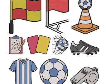 Conjunto de 10 desenhos de bordado à máquina com elementos de futebol, download instantâneo para bordado de jogos.