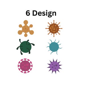May include: Six colorful, stylized illustrations of virus-like shapes in shades of brown, green, teal, pink, and purple. The text "6 Design" is at the top in bold black font. The designs are on a white background.