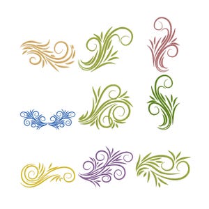 May include: Nine decorative floral design elements in various colors, including gold, green, blue, and purple. Each design features swirling lines and leaf-like shapes, perfect for embellishments or decorative accents.