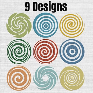 May include: A digital graphic featuring 9 Designs in black text at the top, followed by a grid of nine circular spiral patterns in various colours including light green, blue, yellow, dark green, red, light blue, orange, teal, and pale yellow.