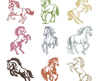 Pacote de desenhos de bordado de contorno de cavalo, arquivo de bordado à máquina de animal correndo, download instantâneo, 5 tamanhos.