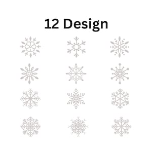 May include: Twelve different snowflake designs in light gray are displayed on a white background. The text "12 Design" is above the snowflakes. Each snowflake has a unique pattern, perfect for winter-themed crafts or decorations.