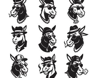 Conjunto de 9 bordados à máquina com rosto de burro gangster, download digital instantâneo, 5 tamanhos.