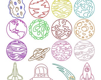 Planeten van het zonnestelsel machineborduurontwerp, ruimteborduurontwerp, raketborduurwerk, Galaxy-borduurset, Instant Download
