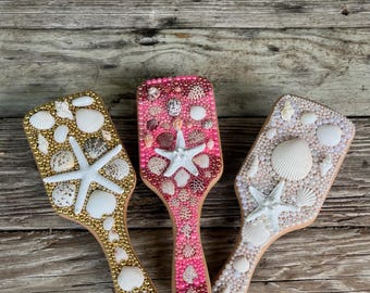 DIY Wooden Hairbrush Kit with Pearls Shells Starfish for Women Girls Gift Handmade Seashell Hair Brush: Bamboo Paddle Brush With  main image 3