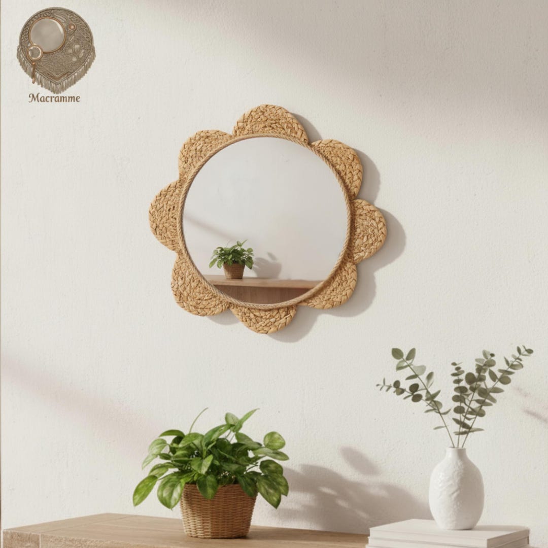 Boho Rattan Flower Mirror Wall Decor, Coastal and Rustic Wall Mirror ...