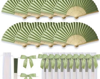 Set di ventagli da matrimonio verde fresco, ventagli pieghevoli portatili con fiocchi e sacchetti in rete trasparente per matrimonio e battesimo