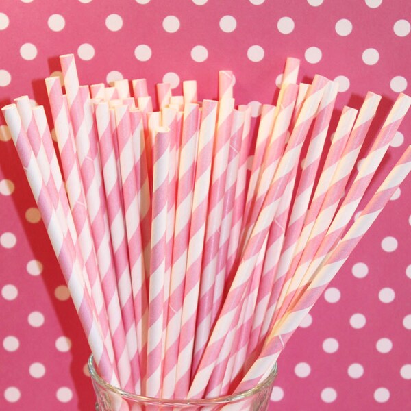 50  Paper Straws Pink and White Striped - Wedding - Valentines Day - Baby Shower - Made In Usa